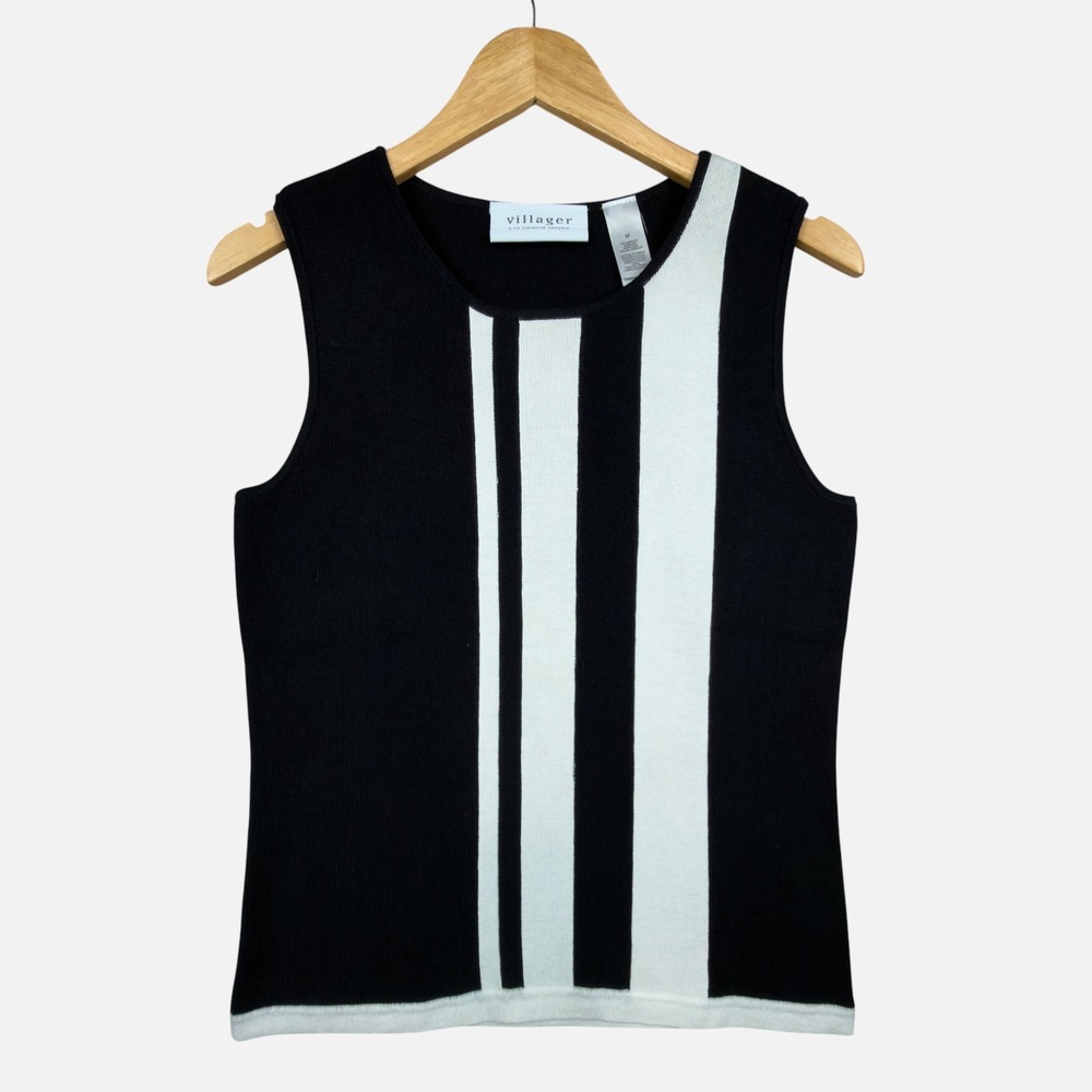 Villager Knit Sweater Tank Top Women M Black White Vertical Stripe Sleeveless
